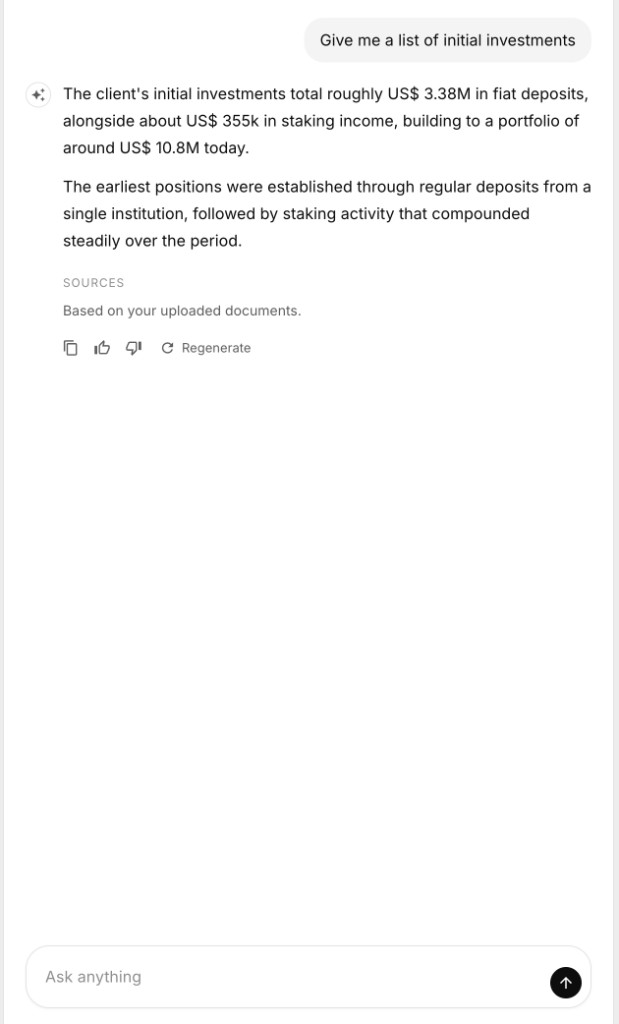 Centinel chat summarising initial investments