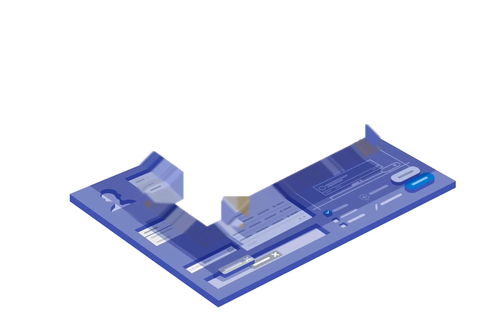 Isometric illustration of the Design System: a screen built from components, styled by theming, on top of templates