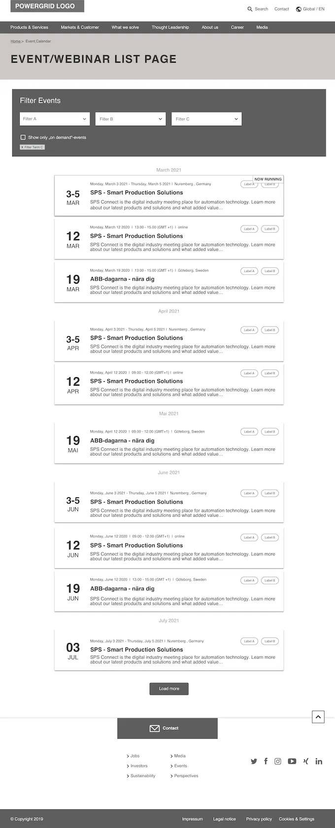 Wireframe of an event list page
