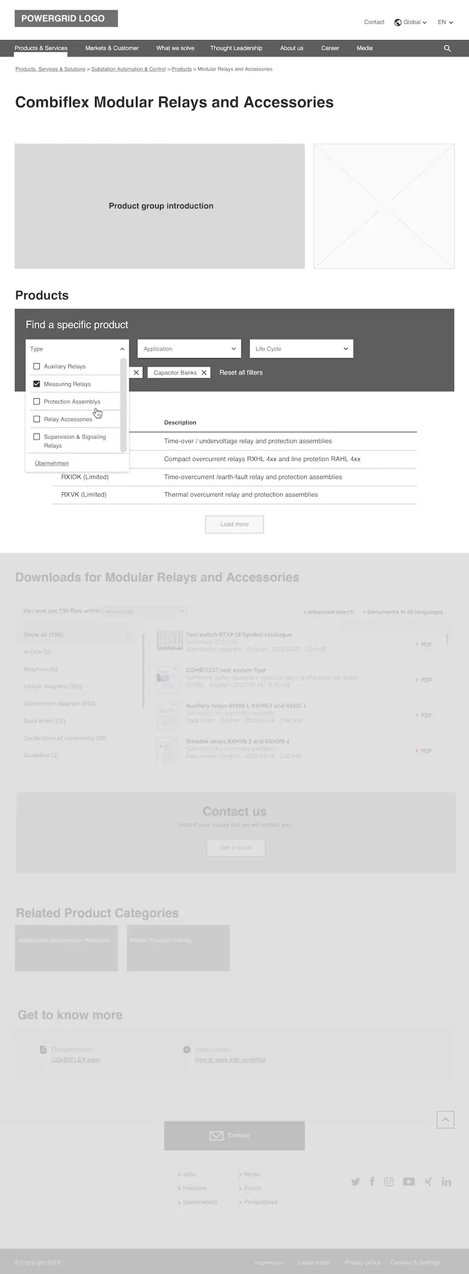 Wireframe of a product selector with filters open