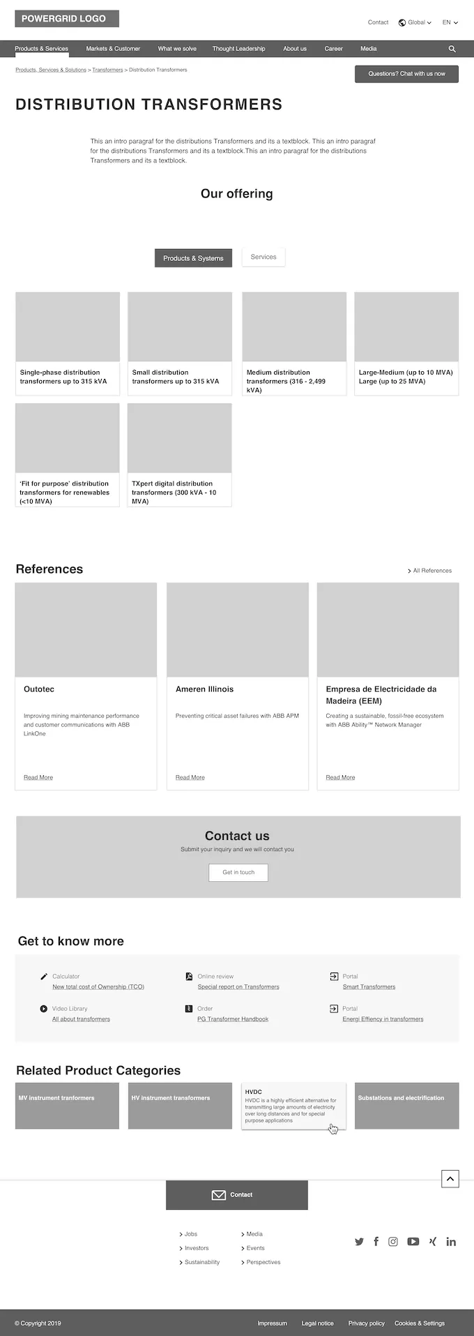 Wireframe of a distribution transformers subcategory page
